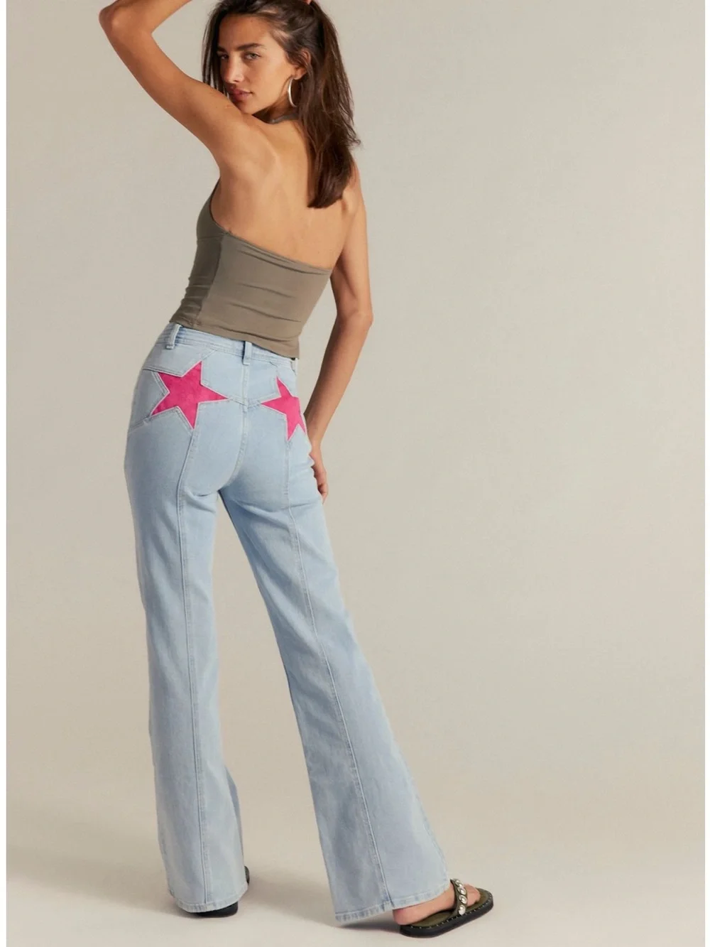 Light Wash Star Patch Jeans - Pink Stars